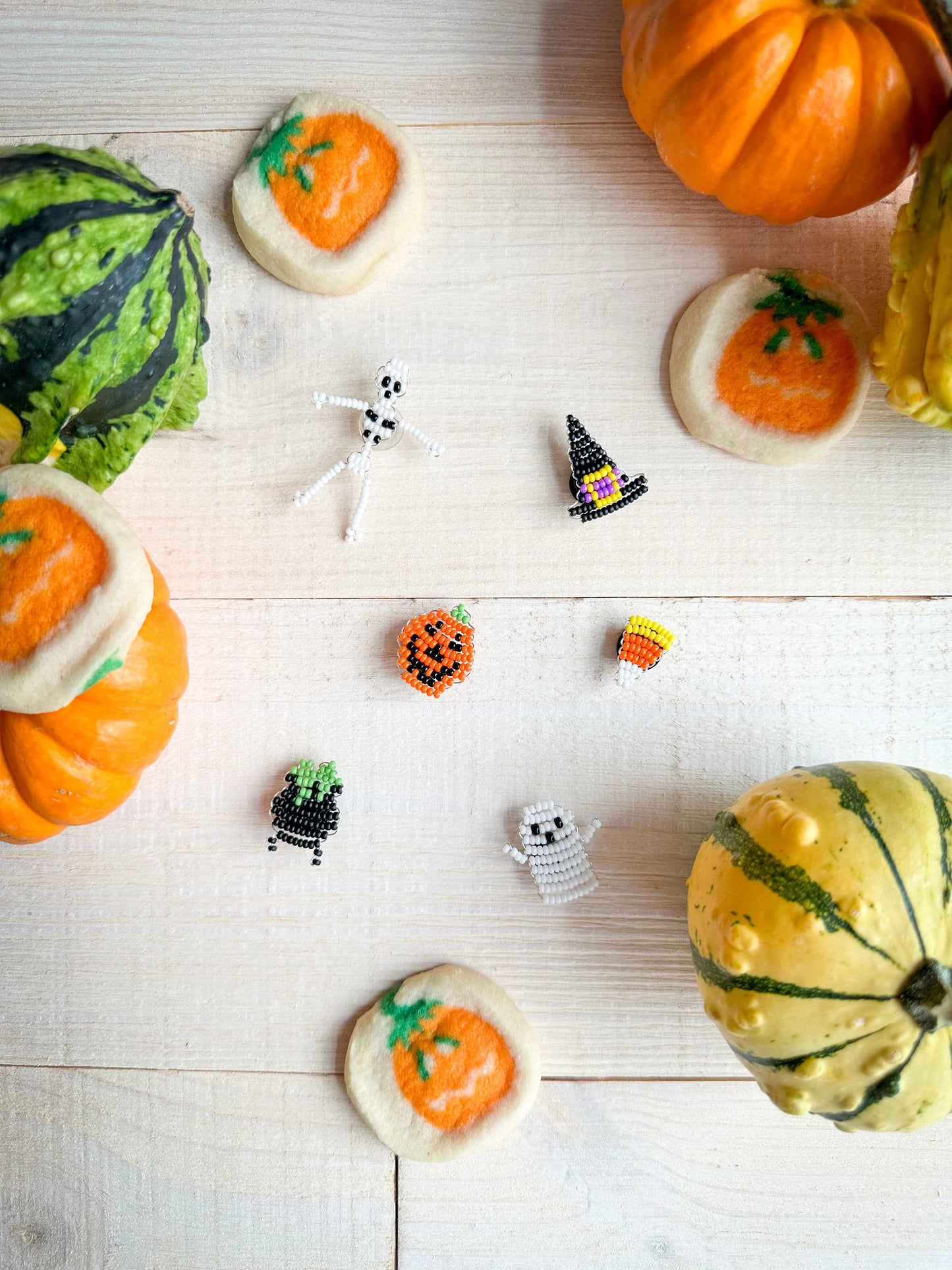 Halloween Friends Handmade Beaded Croc Charms - Skeleton, Ghost, Jack-o-lantern, Candy Corn, Witch Hat, & Cauldron