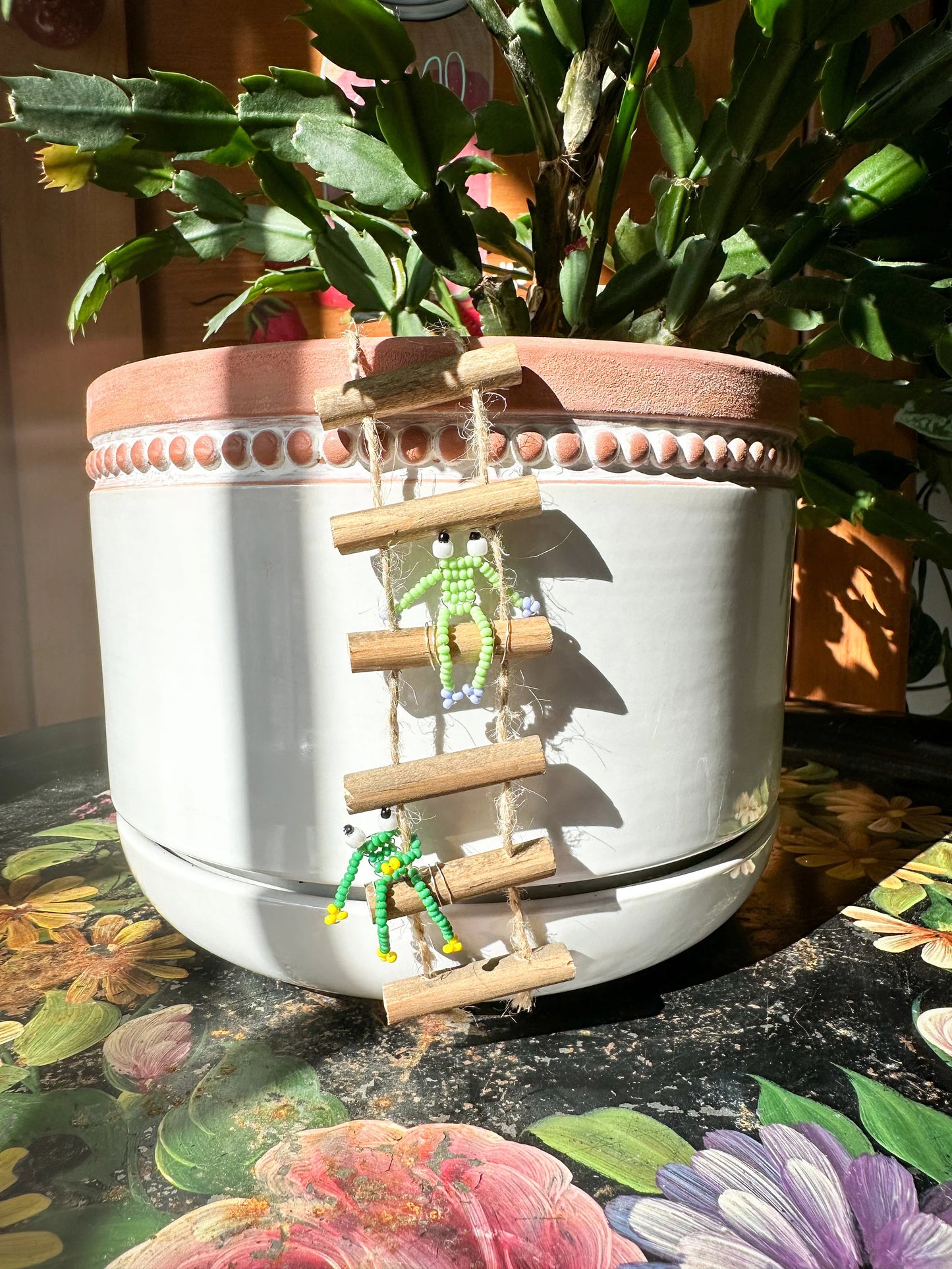 Frogs on Ladders - Handmade Beaded Frog Pot Hanger Plant Accessory