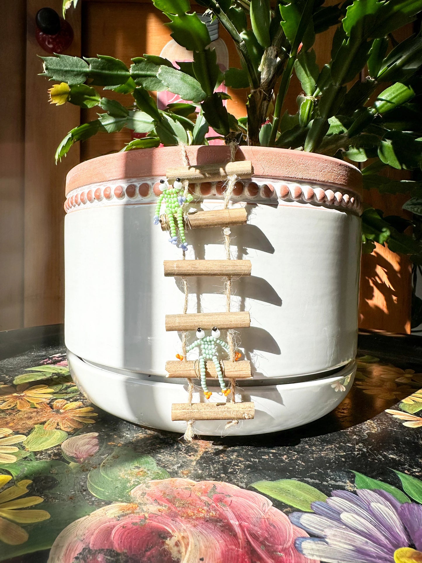 Frogs on Ladders - Handmade Beaded Frog Pot Hanger Plant Accessory