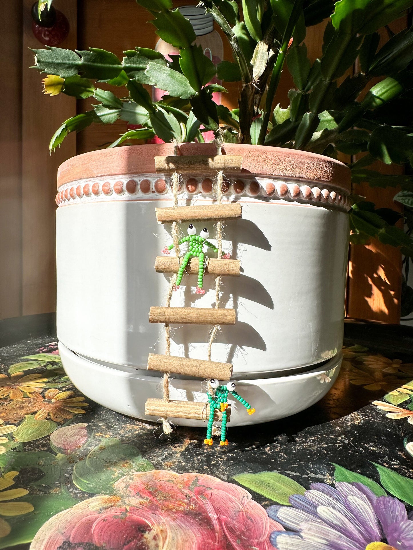 Frogs on Ladders - Handmade Beaded Frog Pot Hanger Plant Accessory