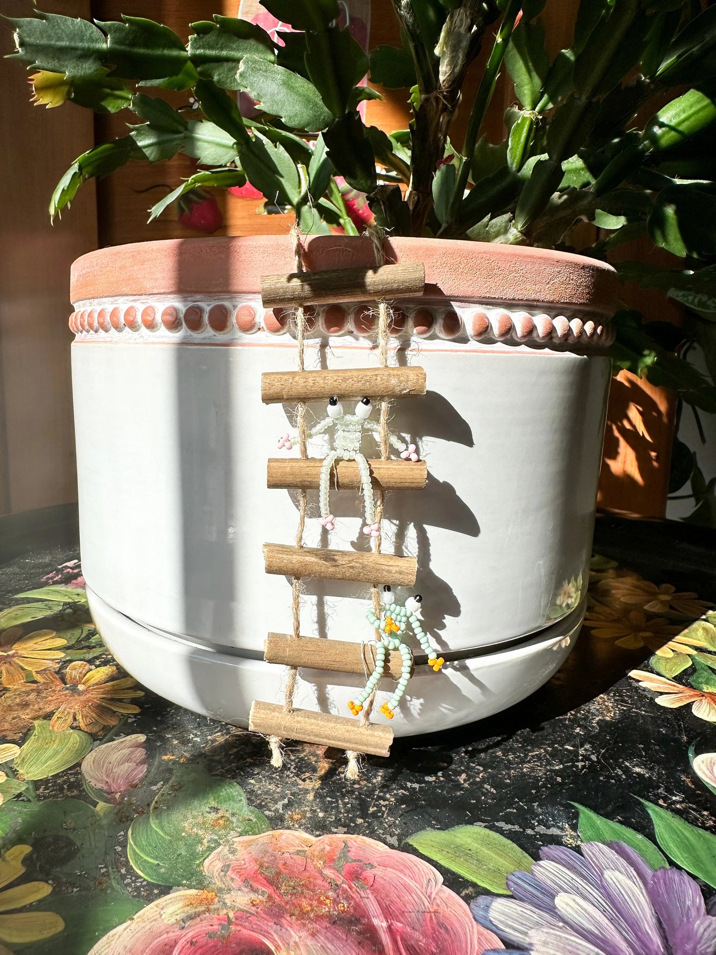 Frogs on Ladders - Handmade Beaded Frog Pot Hanger Plant Accessory