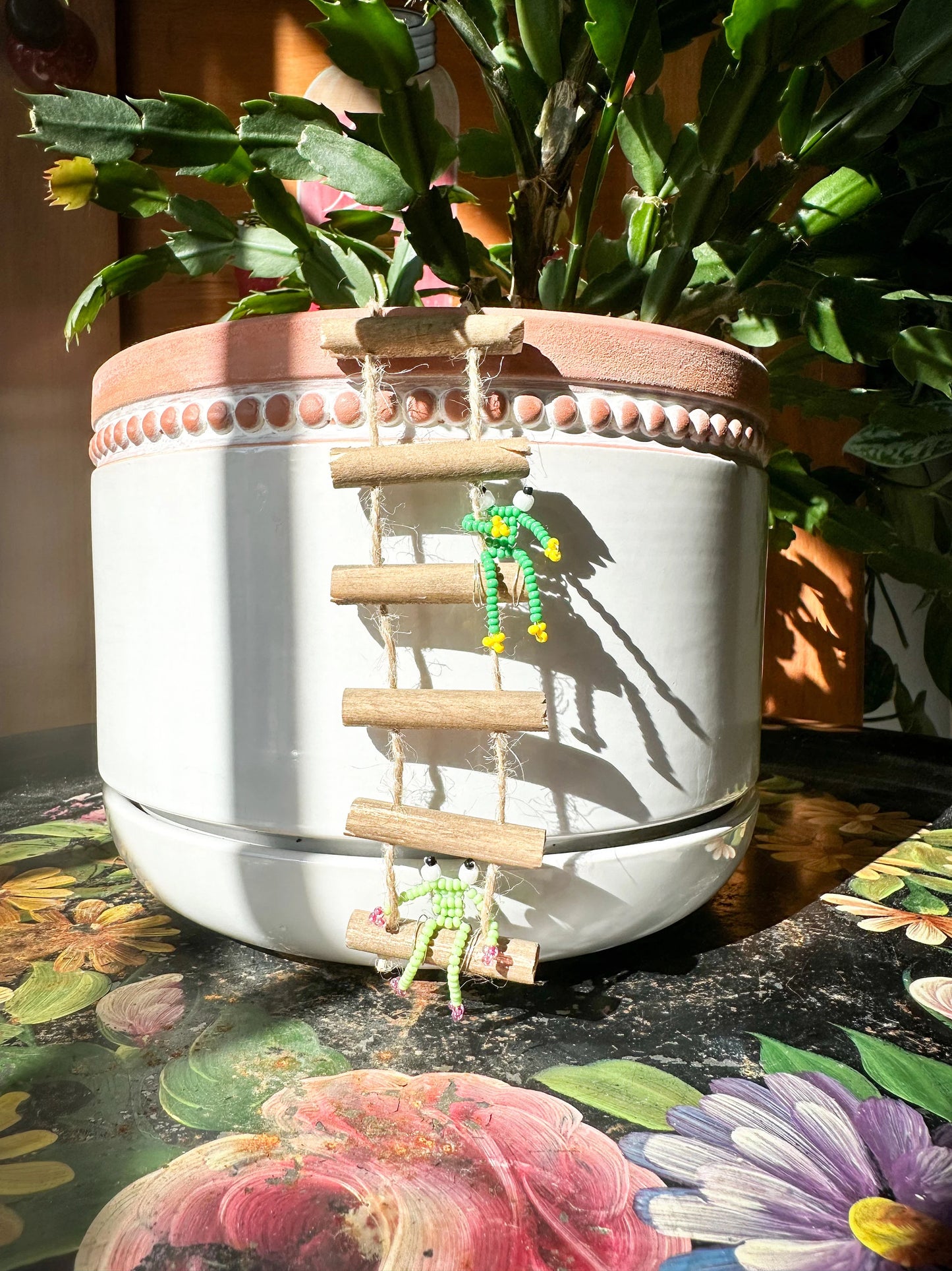 Frogs on Ladders - Handmade Beaded Frog Pot Hanger Plant Accessory