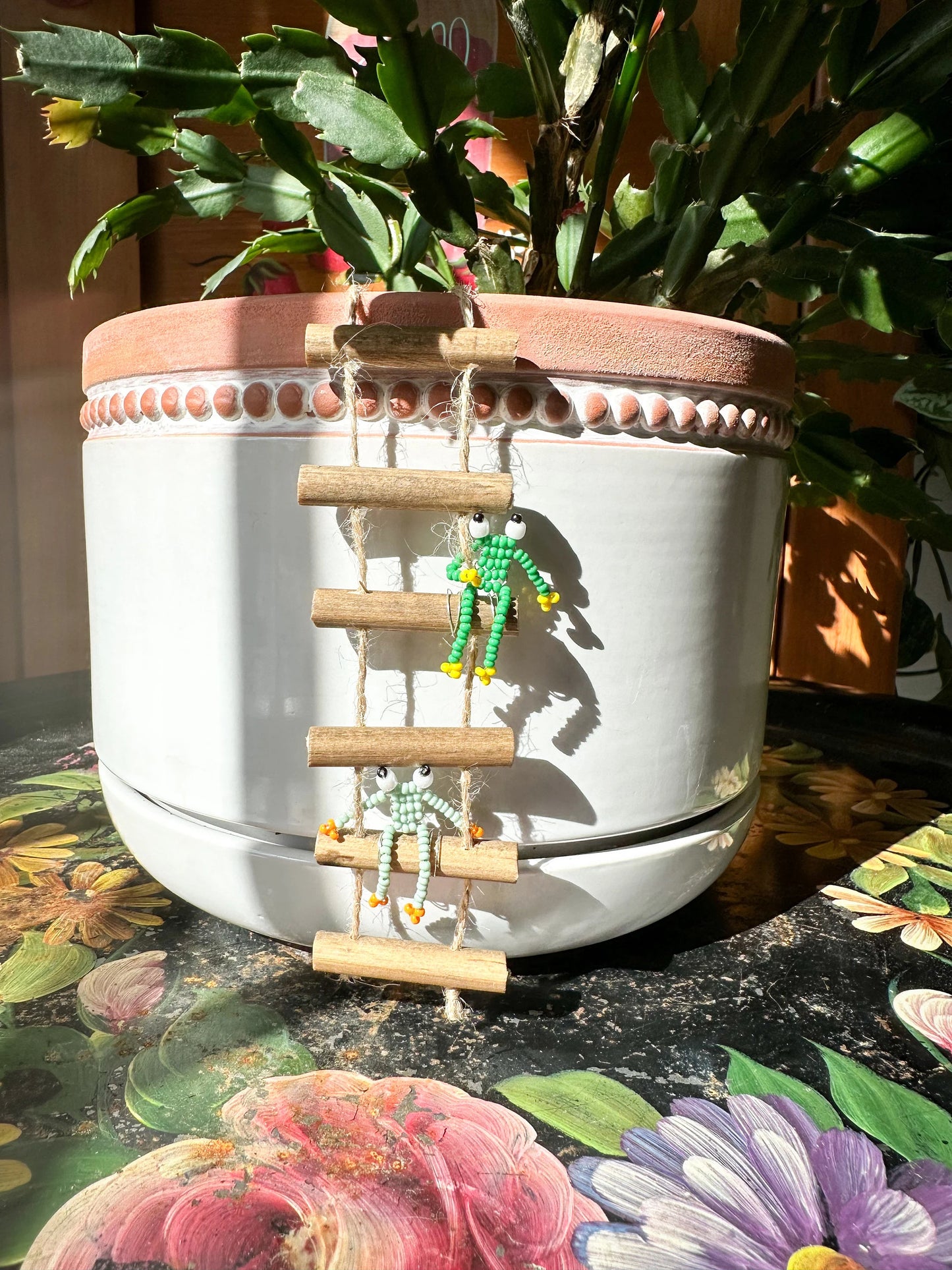 Frogs on Ladders - Handmade Beaded Frog Pot Hanger Plant Accessory