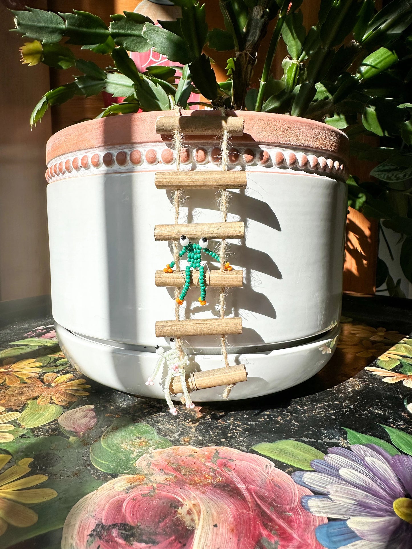 Frogs on Ladders - Handmade Beaded Frog Pot Hanger Plant Accessory