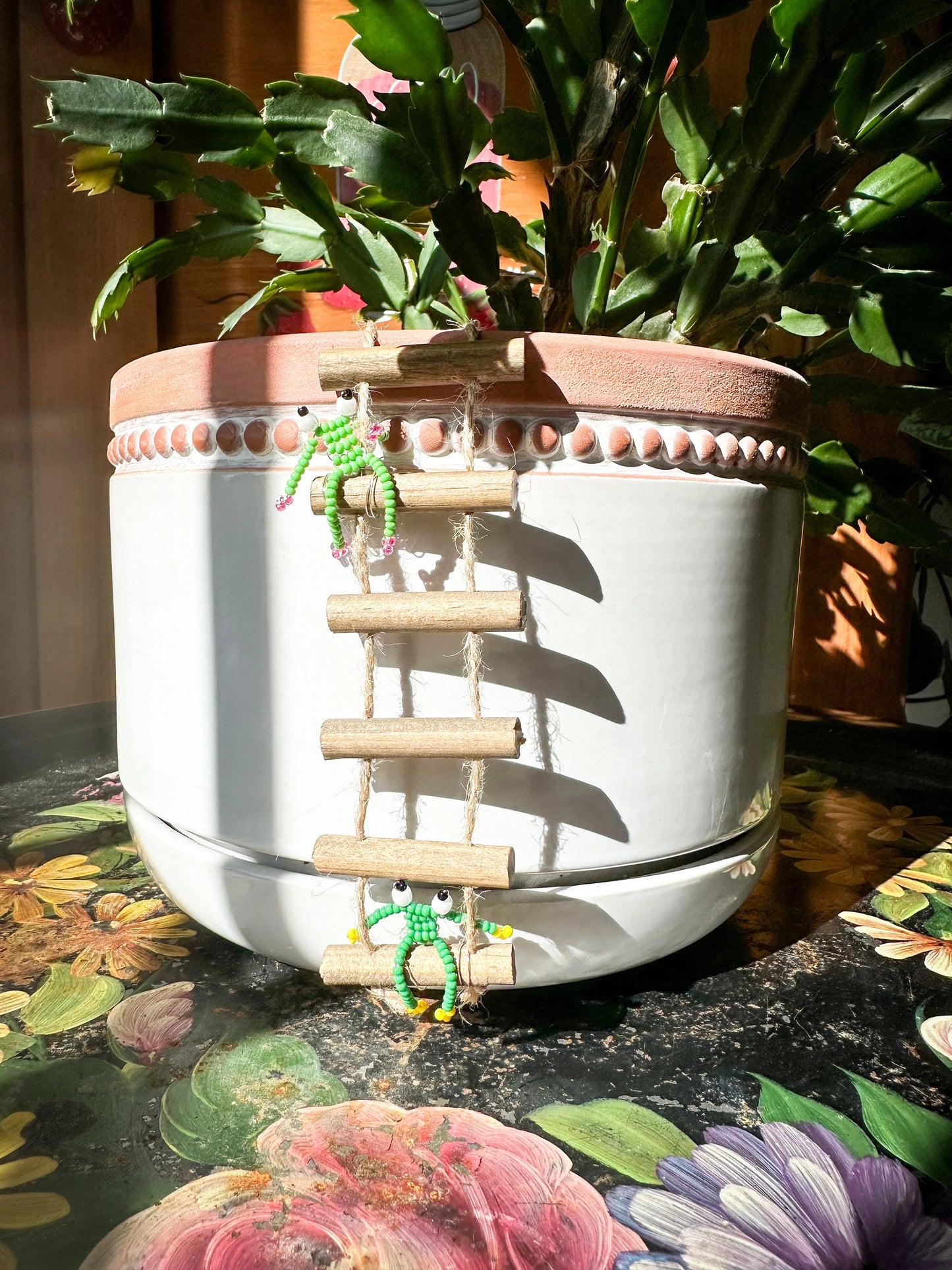 Frogs on Ladders - Handmade Beaded Frog Pot Hanger Plant Accessory