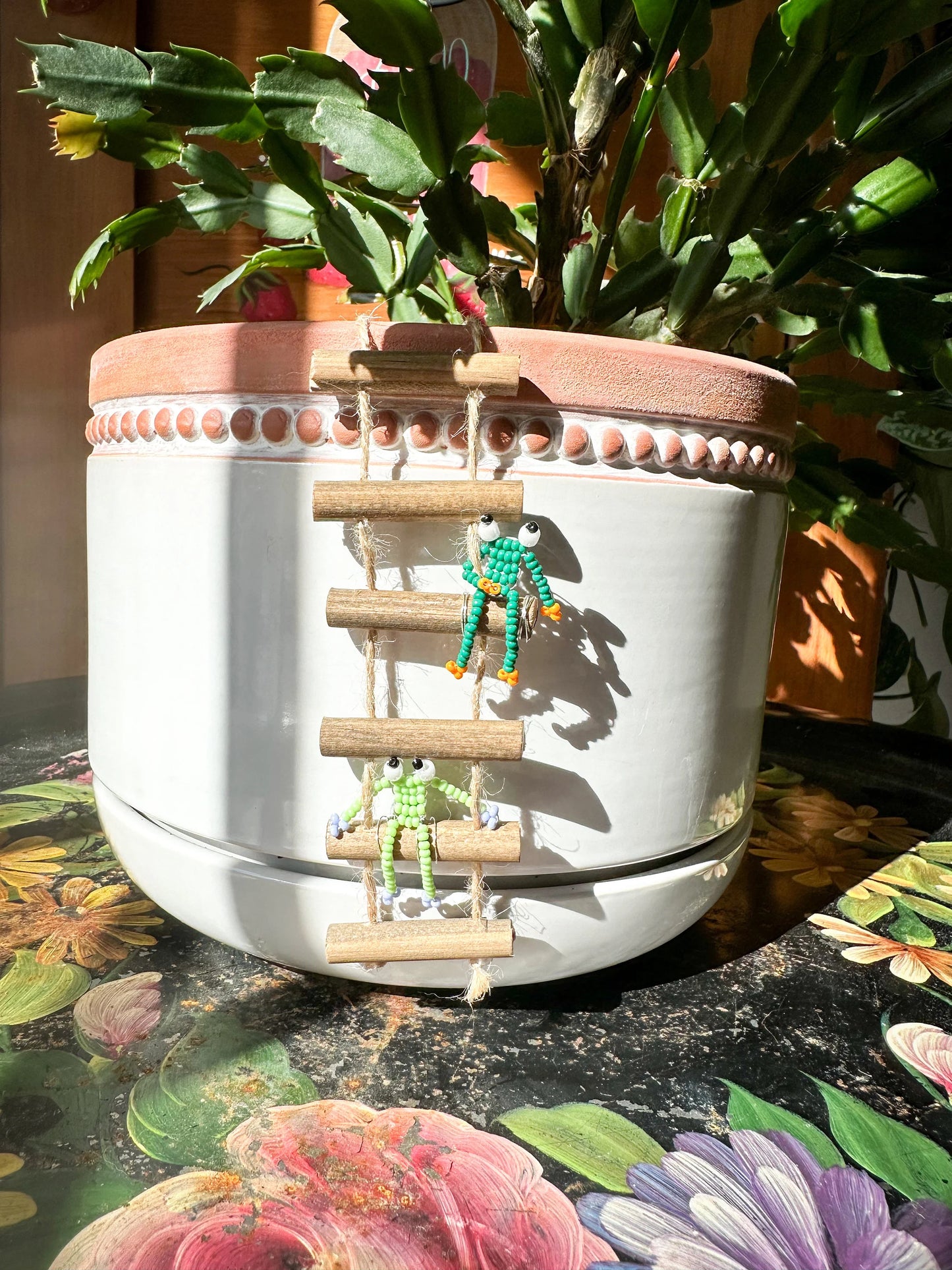 Frogs on Ladders - Handmade Beaded Frog Pot Hanger Plant Accessory